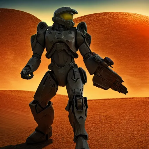 Image similar to ultra realistic 3 d render of master chief on a desert planet. epic image. action pose. explosions. sunrise. canon rf 2 4 - 7 0 mm f 2. 8 l is usm