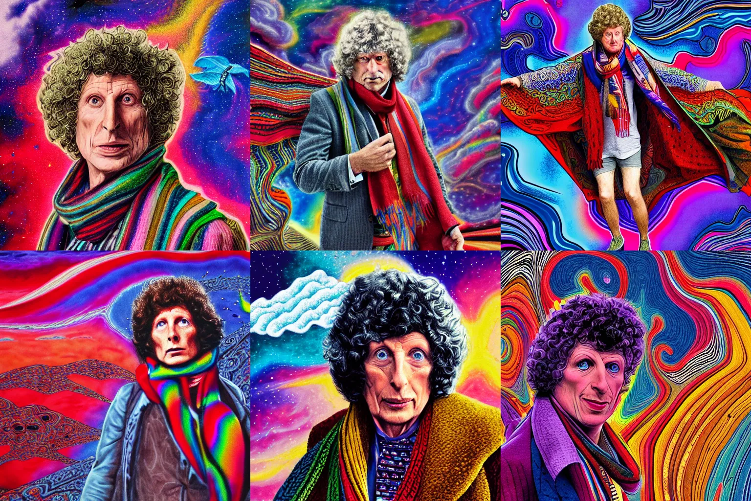 Prompt: tom baker using his scarf to fly, psychedelic, clouds, 4 k, intricate high details, sharp