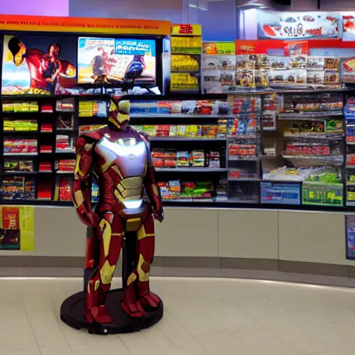 Image similar to Iron Man working as a 7/11 cashier, counter, laser scanner, macro, wide wide shot, very detailed, beautiful lighting