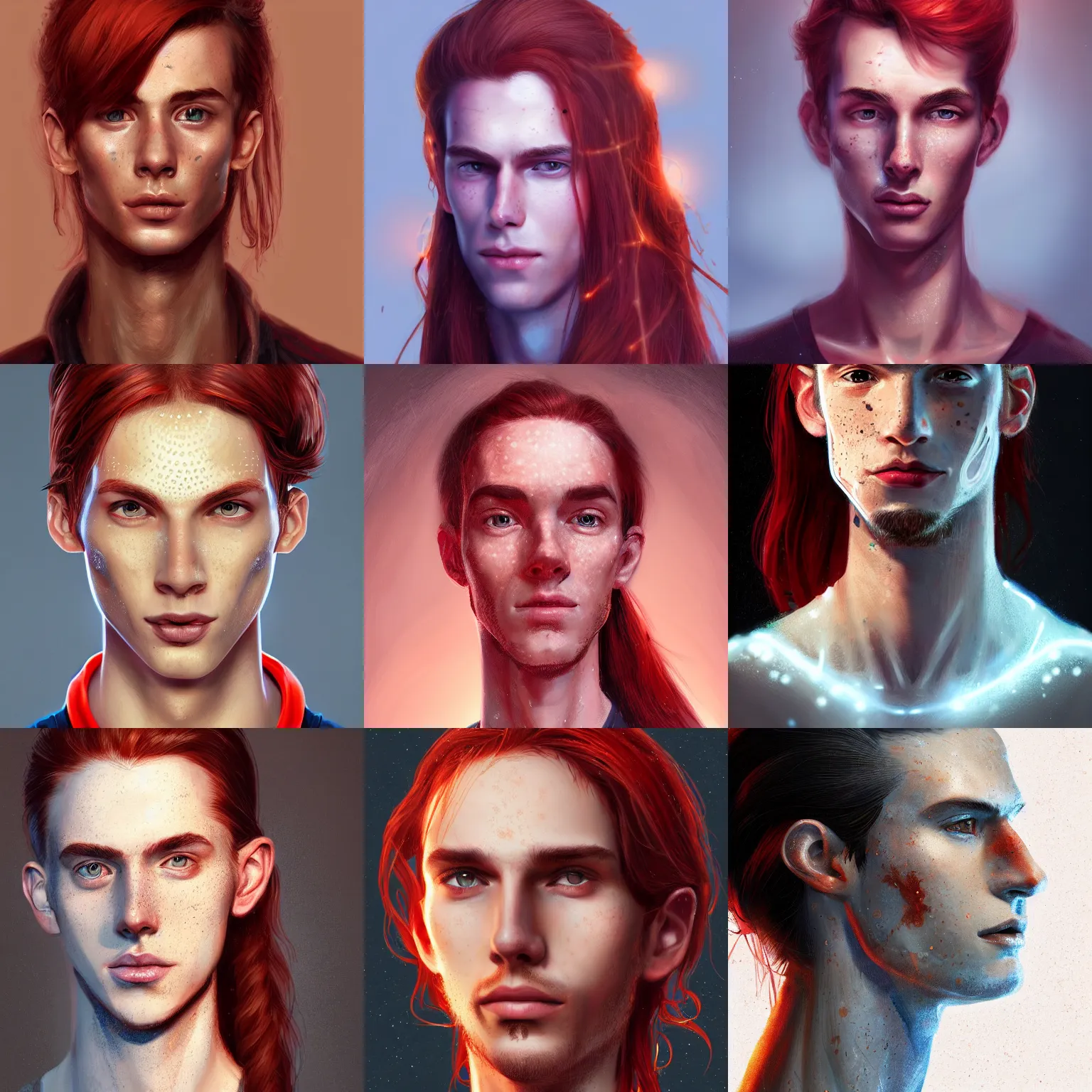 Image similar to portrait of a thin young man with long red hair, ponytail, a lot of freckles on his face, intricate, elegant, glowing lights, highly detailed, digital painting, artstation, concept art, smooth, sharp focus, illustration