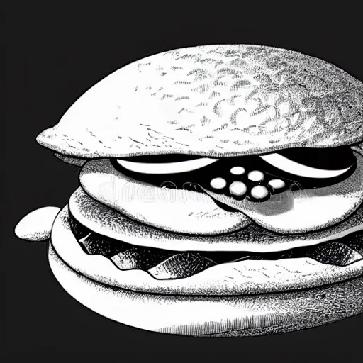 Prompt: black and white storybook illustration of a turtle hamburger, storybook illustration, monochromatic, black and white