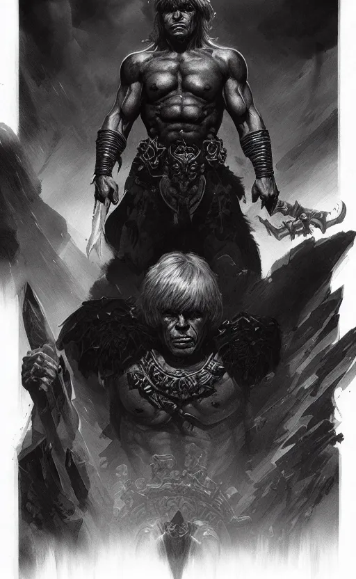 Image similar to uncut portrait of he - man, dark and mysterious and eerie and ominous character, cinematic, epic, highly detailed, intricate, illustration, artwork by marcus whinney and greg rutkowski