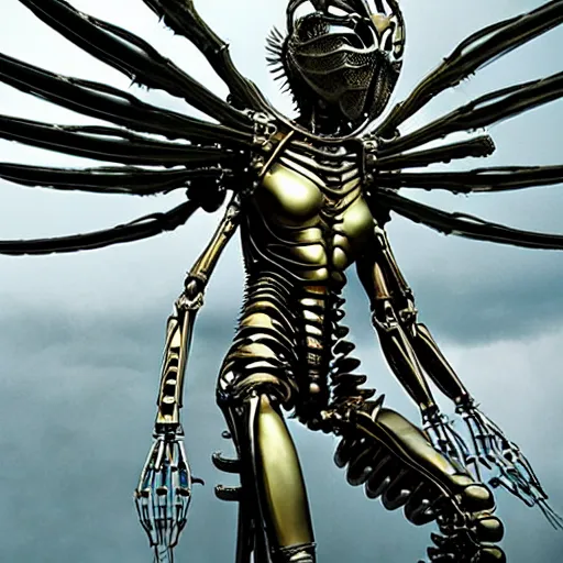 Image similar to still frame from Prometheus movie by Makoto Aida, flying biomechanical angel gynoid by giger, mimicking devil's dragon flower mantis, metal couture by neri oxmn and Guo pei, flying angel editorial by Malczewski and by Caravaggio