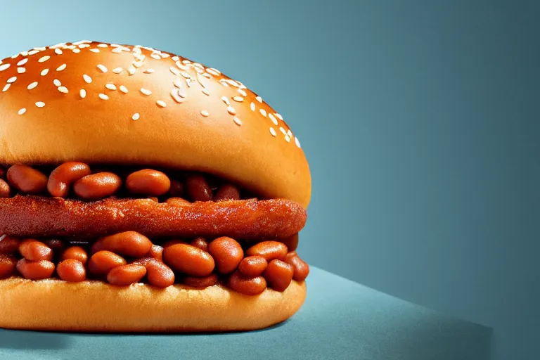 Image similar to mcdonalds baked beans between two sesame seed buns, commercial photograph