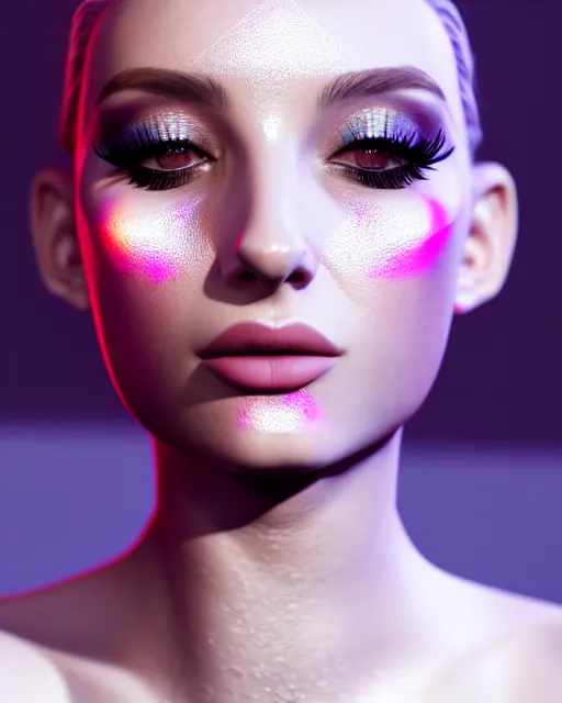 Image similar to beautiful female, haze, model, intricate, symmetrical face, makeup, sephora, maybelline, studio, reflections, cinematic, filmic, vsco, concept art, artstation, elegant, model, gorgeous, vray, flim, octane render, ambient occlusion, prism details