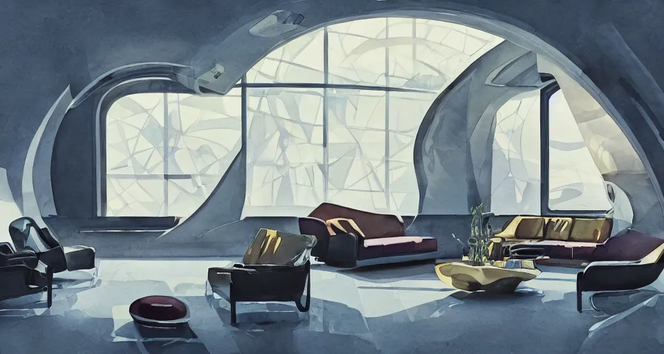 Image similar to a beautiful illustration of futuristic interior hall, lots of furniture, sofa, waiting room, big medium small, sacred geometry, golden ratio, in watercolor gouache detailed paintings, in style of syd mead, trending on artstation,8k, panel, hard surface, vent, zaha hadid, props, plant, cozy,decoration around the room