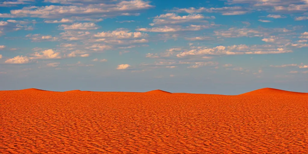 Image similar to Color photograph of orange desert meeting a sky-blue ocean, in the style of Ansel Adams, landscape photography