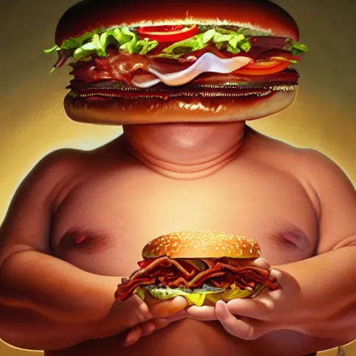 Prompt: detailed full body concept art illustration oil painting of Harvey Weinstein molesting and eating hamburgers, extra ketchup, bacon lettuce and tomatos, oriental art nouveau, frock, mid body, radiant halo of light, black gold smoke ink, fat man covered in bacon and cheese, peter mohrbacher, artgerm