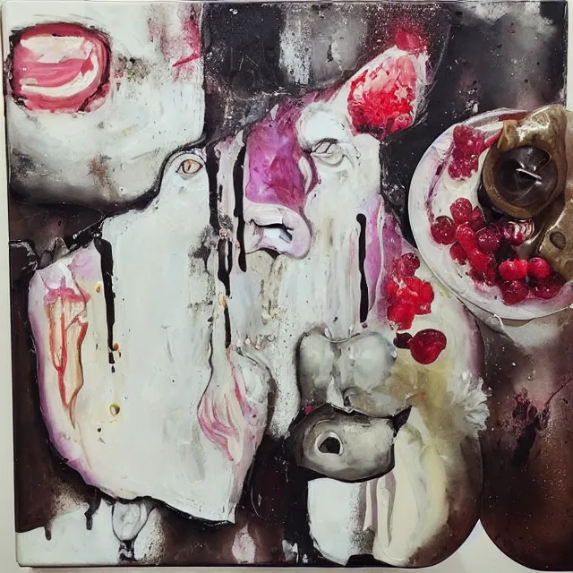 Image similar to “ a portrait in a female art student ’ s apartment, sensual, a pig theme, pork, pottery supplies, sculpture work in progress, a candle dripping white wax, pottery glaze, squashed berries, berry juice drips, acrylic and spray paint and oilstick on canvas, surrealism, neoexpressionism ”