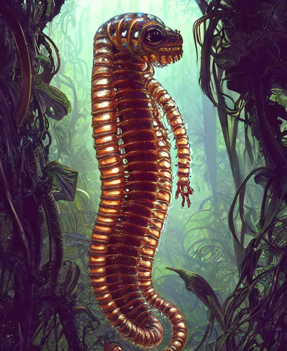 Prompt: intricate ornate opulent transparent clear see - through portrait of a terrifying beautiful male alien centipede, mottled coloring, adorable, childlike, overgrown jungle environment, ultra realistic, concept art, art nouveau, photorealistic, octane render, 8 k, unreal engine. art by christopher marley and artgerm and greg rutkowski and alphonse mucha