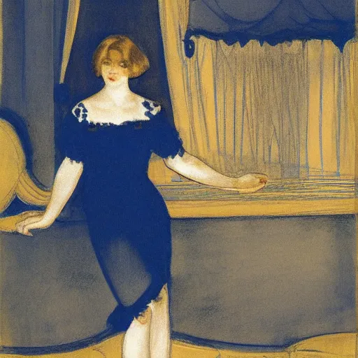 Prompt: a girl in a blue and gold ivory room, film still by goya, by koloman moser, elegant drawing, digital painting, jugendstil, art noveau, strong lights, flat colors, pastel colors