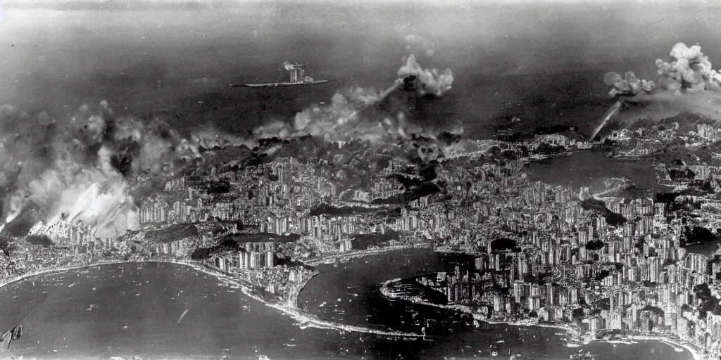 Image similar to the bombing of rio de janeiro ( 1 9 3 0 ), historical photograph, highly detailed, 4 k, real, big explosions, fire, destruction, early 2 0 th century, wide angle,