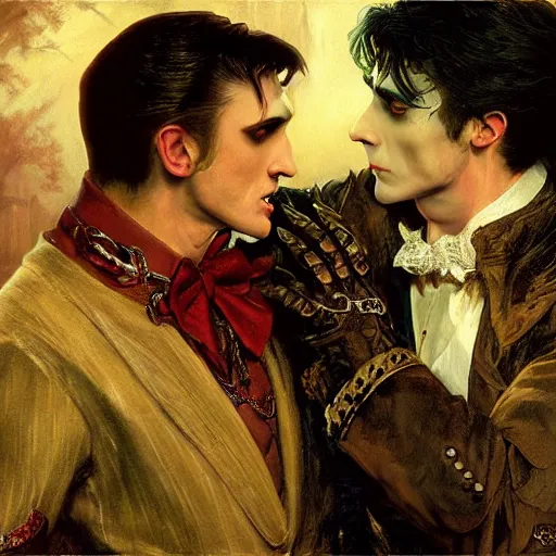 Image similar to attractive male, arthur pendragon confesses his love to attractive male dracula the vampire. highly detailed painting by gaston bussiere, craig mullins, j. c. leyendecker 8 k