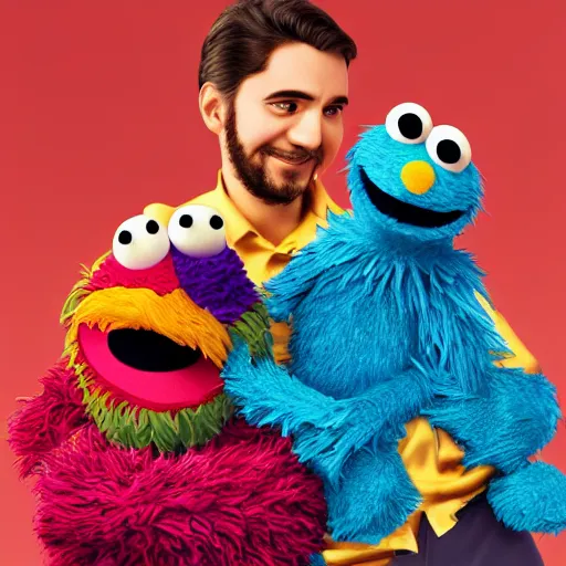 Prompt: portrait photograph of tsar hugging fuzzy sesame street puppet, insanely detailed and intricate, realistic 3D, hyper-realistic, octane render, hard light