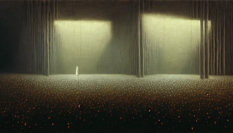 Image similar to detailed painting of rick owens fashion show, exterior, floral ornaments, volumetrics lights, beam of bright lights through the clouds, beksinski, bougeureau