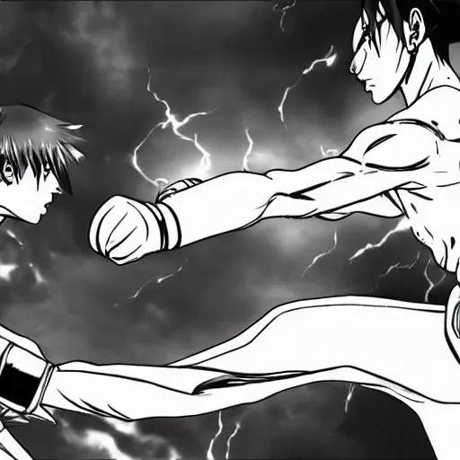 Prompt: the peak moment of a fight, two opposite fighter unleash their ultimate attack, in manga style