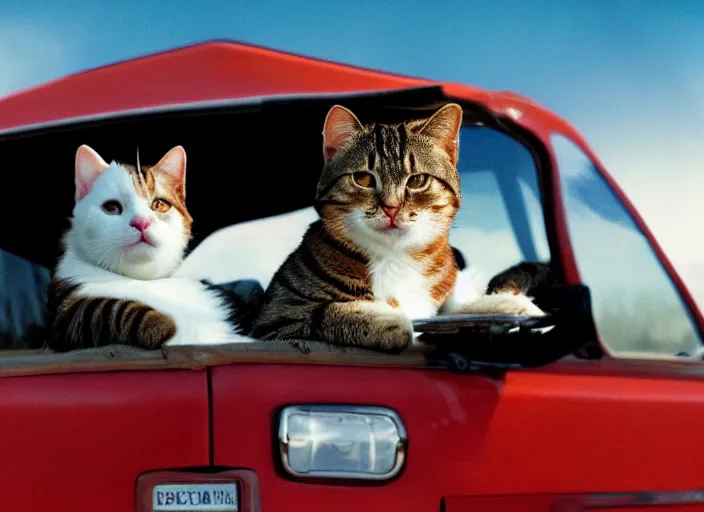 Image similar to A very high resolution image from a new movie, a cat driving a car around, inside of a car , mountains, Polaroid, directed by wes anderson