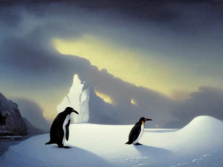 Image similar to an oil painting of a penguin playing in pure white snow on a misty glacier at dusk. aurora. by tuomas korpi moebius and carl spitzweg. baroque elements. intricate artwork by caravaggio. oil painting. oil on canvas. award winning. dramatic. trending on artstation. 8 k