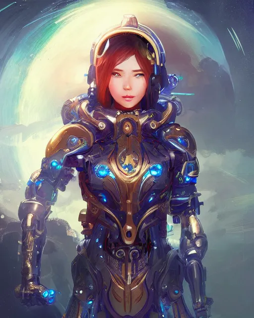 Image similar to holy cyborg girl with golden armor, elegant, scifi, futuristic, utopia, garden, colorful, lee ji - eun, illustration, atmosphere, top lighting, blue eyes, focused, artstation, highly detailed, art by yuhong ding and chengwei pan and serafleur and ina wong