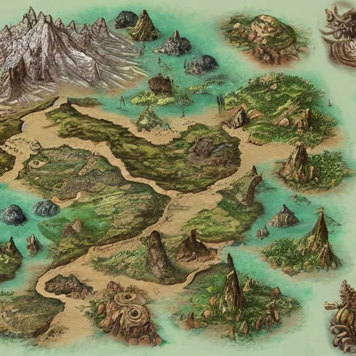 Image similar to an incredibly detailed map of a fantasy world with elaborate biomes and illustrations