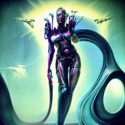 Image similar to “realistic picture of a woman goddess matrix cyberpunk alien divine deity in the style of Peter Andrew Jones”