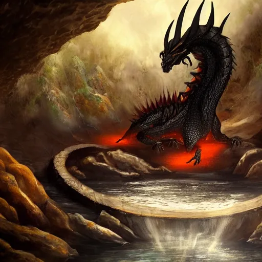 Prompt: ! dream a black dragon sitting, highly detailed oil painting of a hotspring in cave, featured on artstation