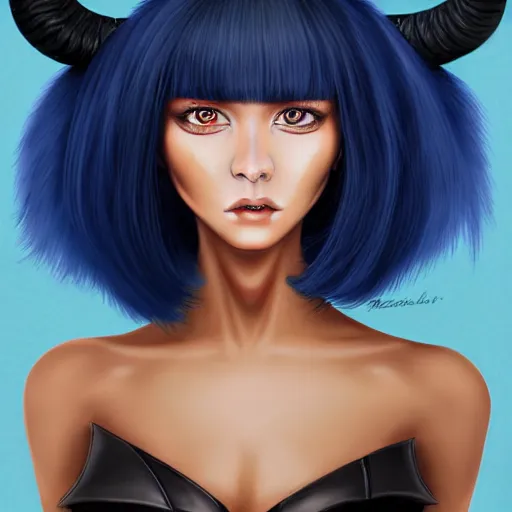 Image similar to illustrated realistic portrait of ram-horned devil woman with blue bob hairstyle and her tan colored skin and with solid black eyes wearing leather by rossdraws