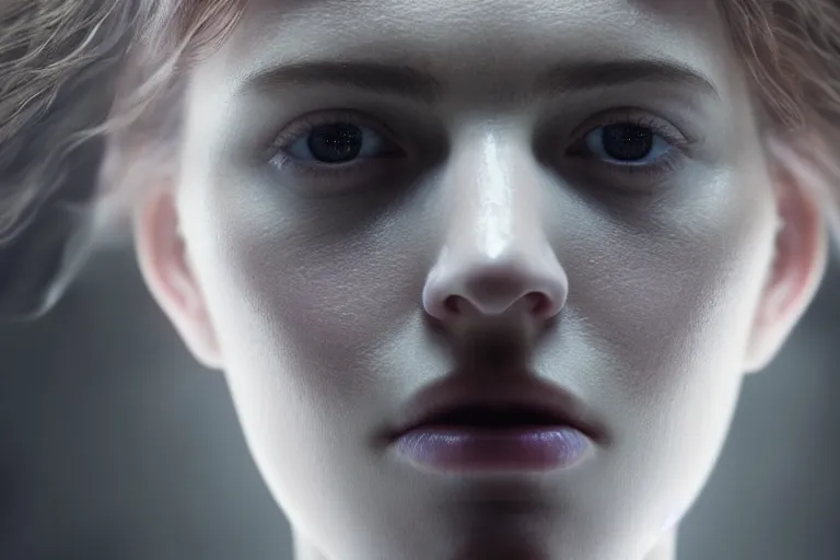 Prompt: an ultra realistic, cinematic, close up portrait, of a young woman, soft light, dreamy, facial features, stood in a cell, with prison clothing, detailed, deep focus, movie still, dramatic lighting, ray tracing, by michal karcz and yoshitaka and david cronenberg