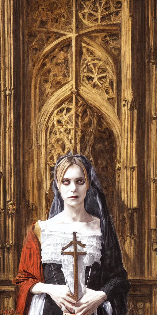 Prompt: painting of a gothic woman in a church, photorealistic, 4k