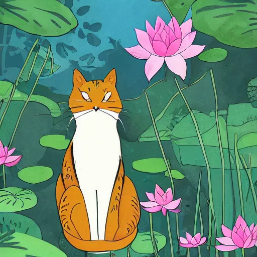 Prompt: studio ghibli style illustration of a cat in woods, lotus flowers