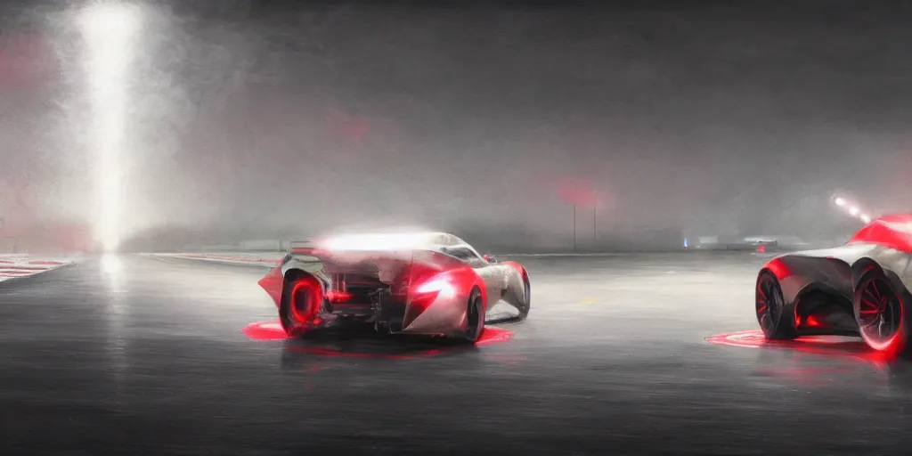 Image similar to concept art, of [ white red paper cup ] placed on a race track, very close shot!!! volumetric lights!!, detailed, dark concept art, dark skies painting by wlop, nixeu and greg rutkowski, beautiful, semirealism, artstation, octane render, oil painting, sharpness, 8 k, golden ratio