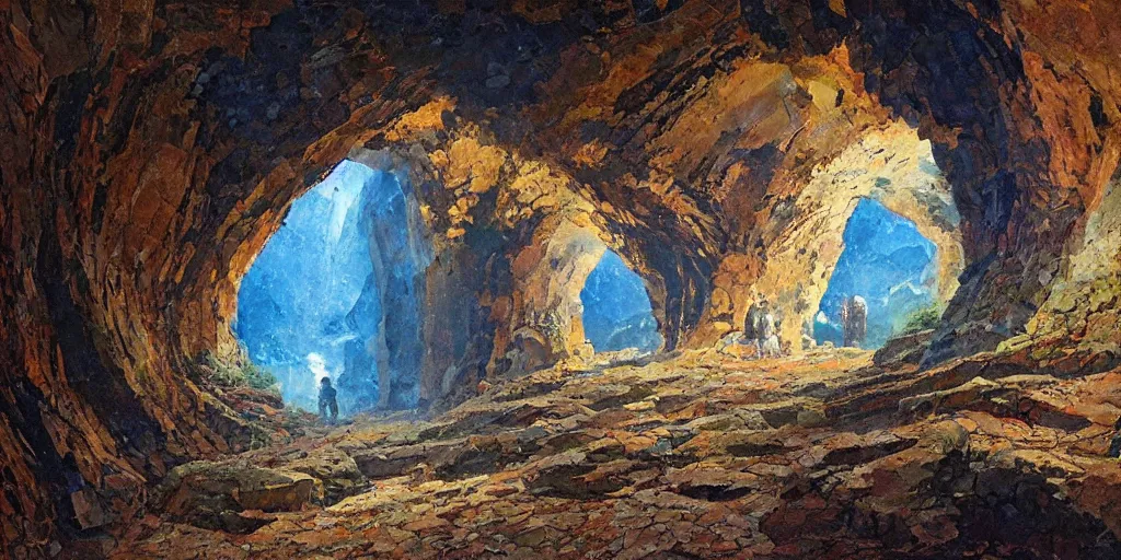 Prompt: painting of majestic curved wall in a dark cave with rocky ground and mosaics, minimal, art by james gurney and greg rutkowski, vivid colors