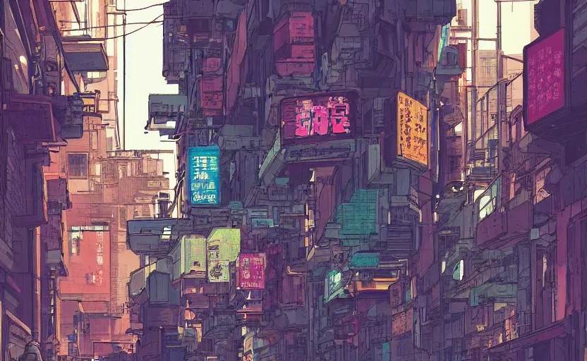 Image similar to a cyberpunk hong kong alley with robots and humans walking around by moebius, studio ghibli color palette