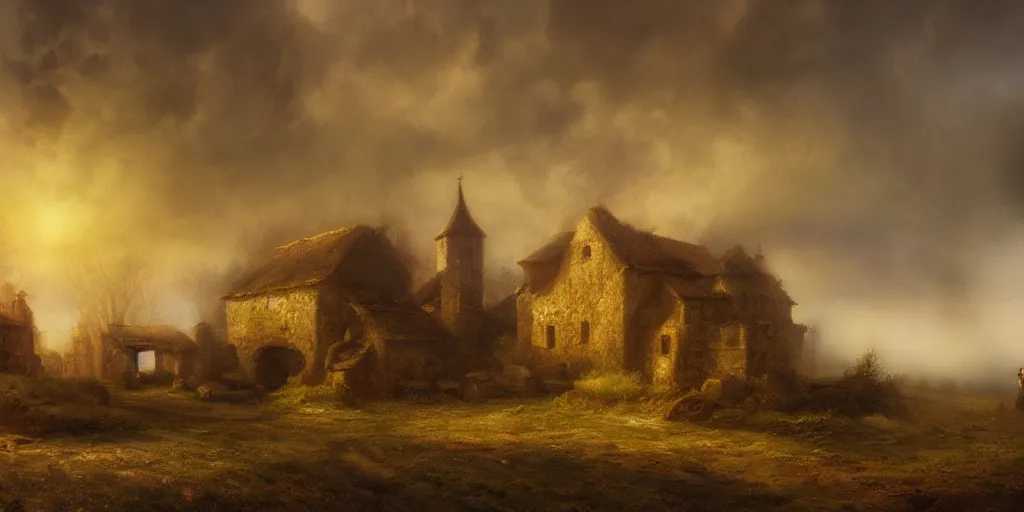 Image similar to Highly detailed and cinematic Romantic period oil painting of a medieval village, fog, volumetric lighting, an oil painting ((masterpiece)) by ((Josep Tapiró Baró)), dynamic lighting, 8K