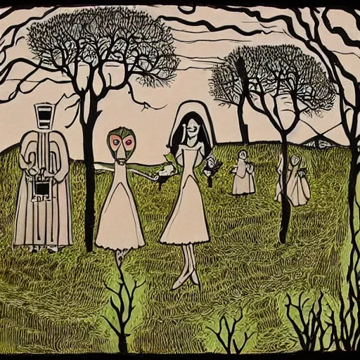 Prompt: folk horror art style depiction of a wedding. eerie.