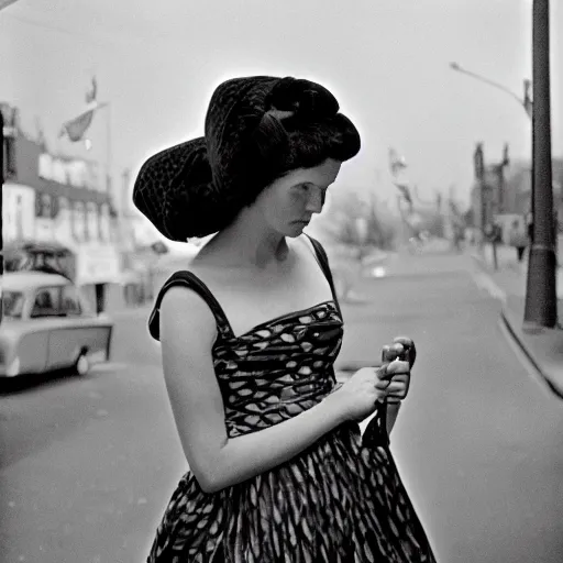 Image similar to photo of a woman in a dress by vivian maier. professional photography.