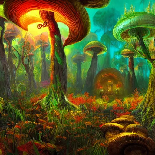 Image similar to bright, colorful, realistic, detailed from Elder Scrolls: shivering isles concept mania mushroom forest made of bright and shiny gold portrait backlighting, kodachrome, high contrast, highly detailed, sharp focus, digital painting, concept art, illustration, trending on artstation, comic book by Alex Ross and Adam Adamowicz cover art