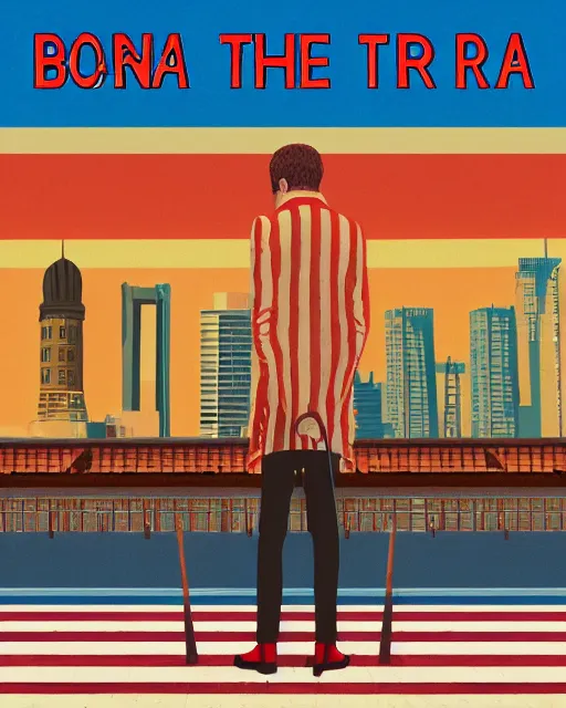 Prompt: Born in the USA album art, re-imagined by Wes Anderson