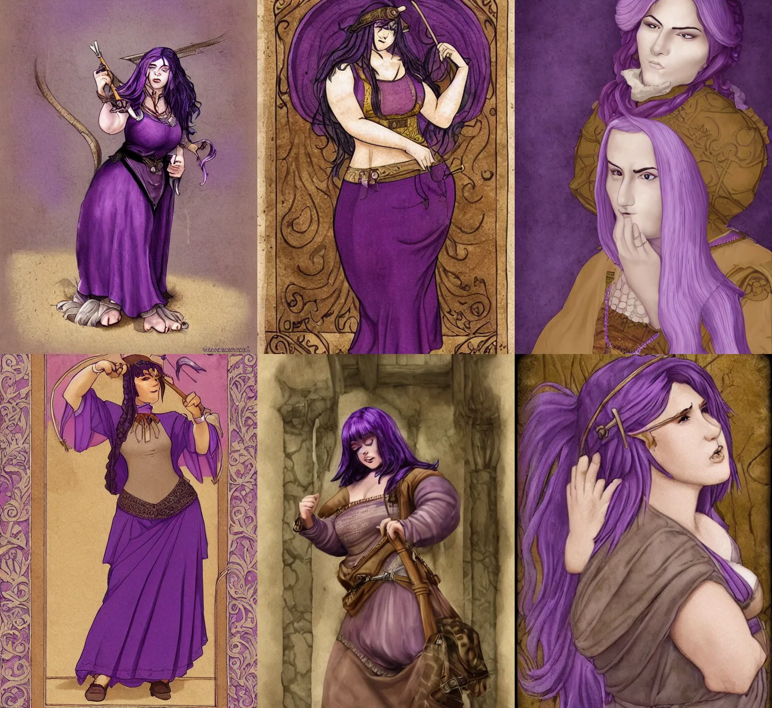 Prompt: an average - looking stocky woman with purple skin and purple hair in modest beige medieval clothing, fantasy art, extremely detailed, high quality,