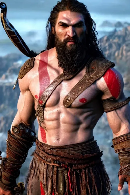 Image similar to film still from god of war, a highly detailed beautiful closeup photo of jason momoa!! kratos with long! windblown wet hair! holding a sword and fighting zombies on a pile of human skulls, spartan warrior, olympian god, muscular!!!, masculine confident pose, ambient lighting, volumetric lighting, octane, fantasy