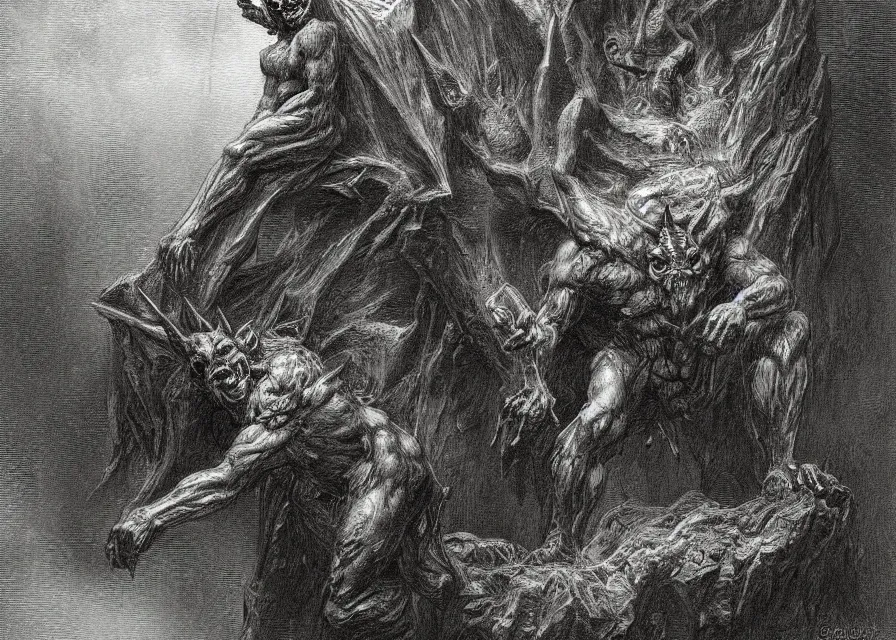 Image similar to gargoyle demon, pencil illustration by Gustave Dore