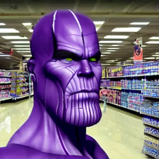 Image similar to thanos lookingg for his mom in a walmart, realistic, sharp focus