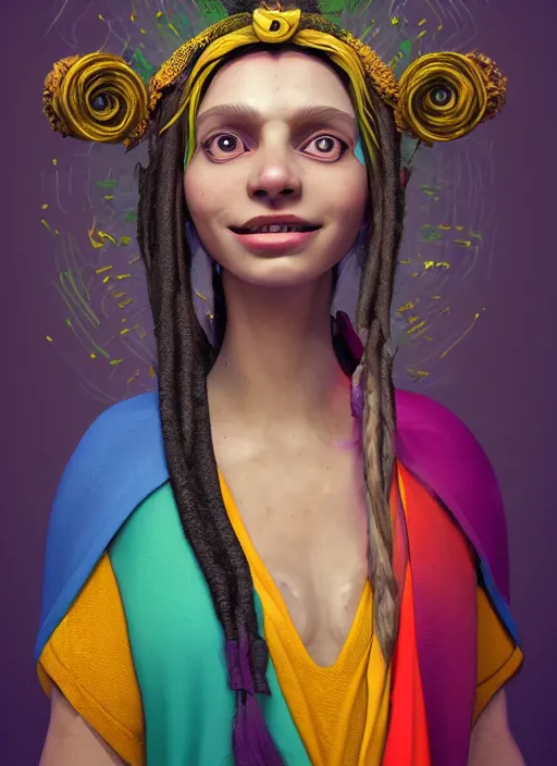 Image similar to an anthropomorphic beautiful smiling goddess female wizard portrait playing poi wearing colourful robe, dreadlock breed hair, fine art, award winning, intricate, elegant, sharp focus, octane render, hyperrealistic, cinematic lighting, highly detailed, digital painting, 8 k concept art, art by jamie hewlett masterpiece, trending on artstation, 8 k