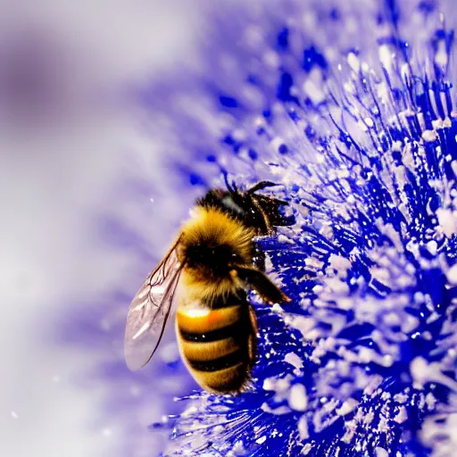Image similar to a bee finding a beautiful flower made of snowflakes in antarctica, only snow i the background, beautiful macro photography, ambient light