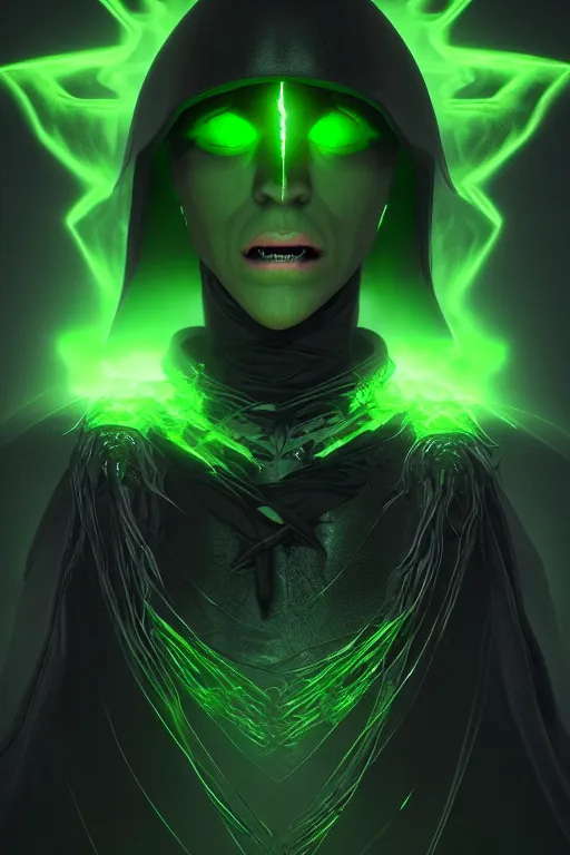 Image similar to character design, dark priest, green lightning, black halo, evil, power, green mist, scary, realistic, 3d, octane render, photorealistic, unreal engine, hellish background
