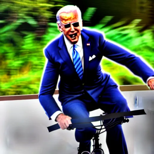 Image similar to ultra realistic photo of joe biden falling off of his bike, film, perfect face, in the style of a candid photo