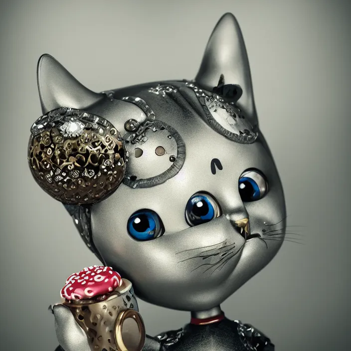 Image similar to closeup face profile portrait of a tin toy cat eating cakes, depth of field, zeiss lens, detailed, symmetrical, centered, fashion photoshoot, by nicoletta ceccoli, mark ryden, lostfish, breathtaking, 8 k resolution, extremely detailed, beautiful, establishing shot, artistic, hyperrealistic, octane render