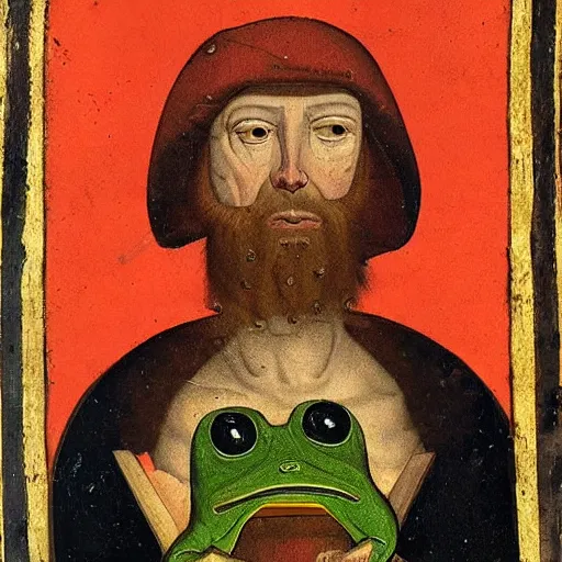 Prompt: man with the head of a frog, medieval painting