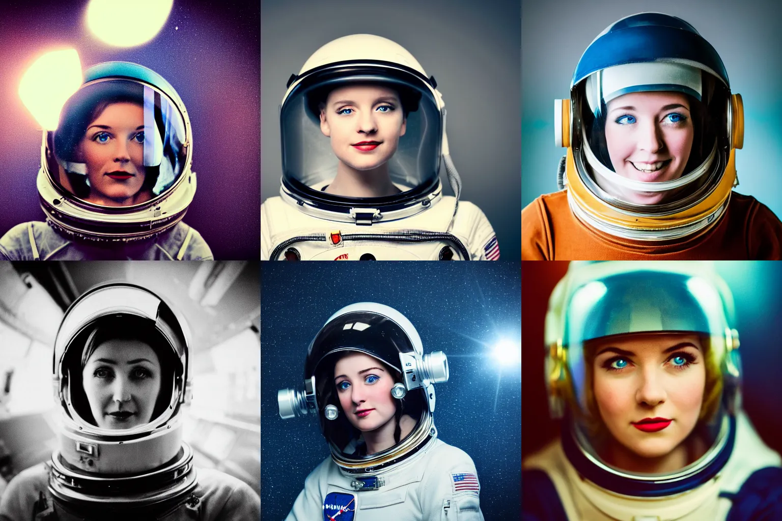 Prompt: portrait photography of a young woman astronaut with helmet. 1 9 3 0's style. retro vintage. rembrandt light. cinematic. depth of field. lens flare. moody. realistic blue eyes. muted colors