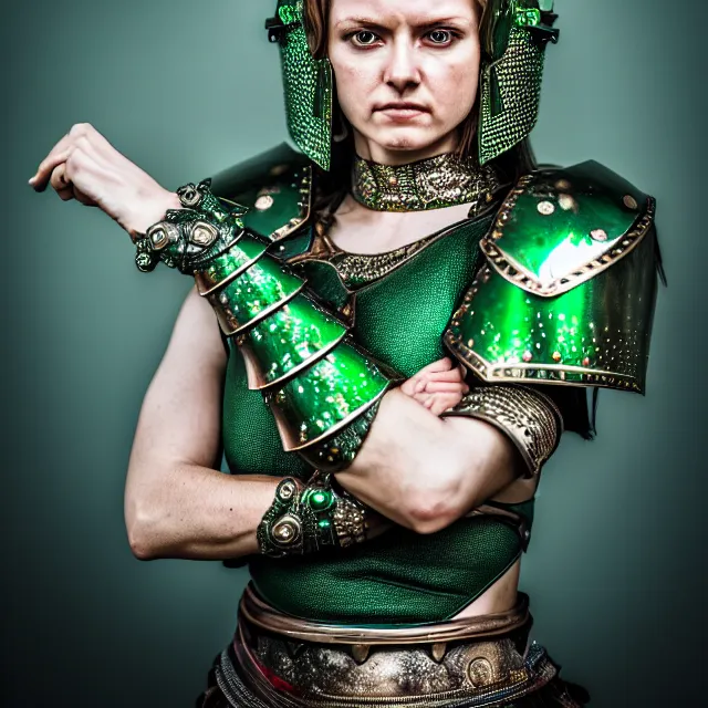 Prompt: photo of a beautiful warrior queen wearing emerald encrusted armour, highly detailed, 8 k, hdr, smooth, sharp focus, high resolution, award - winning photo